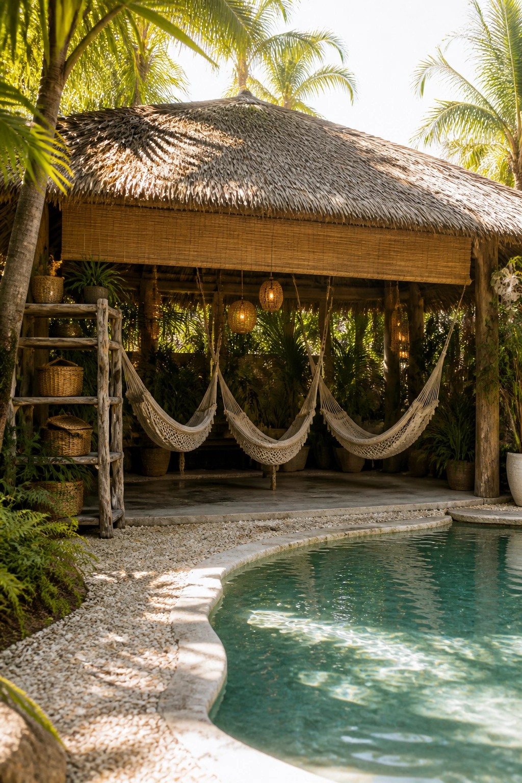 A thatched-roof cabana with multiple hanging hammocks beside a swimming pool surrounded by palm trees and plants.