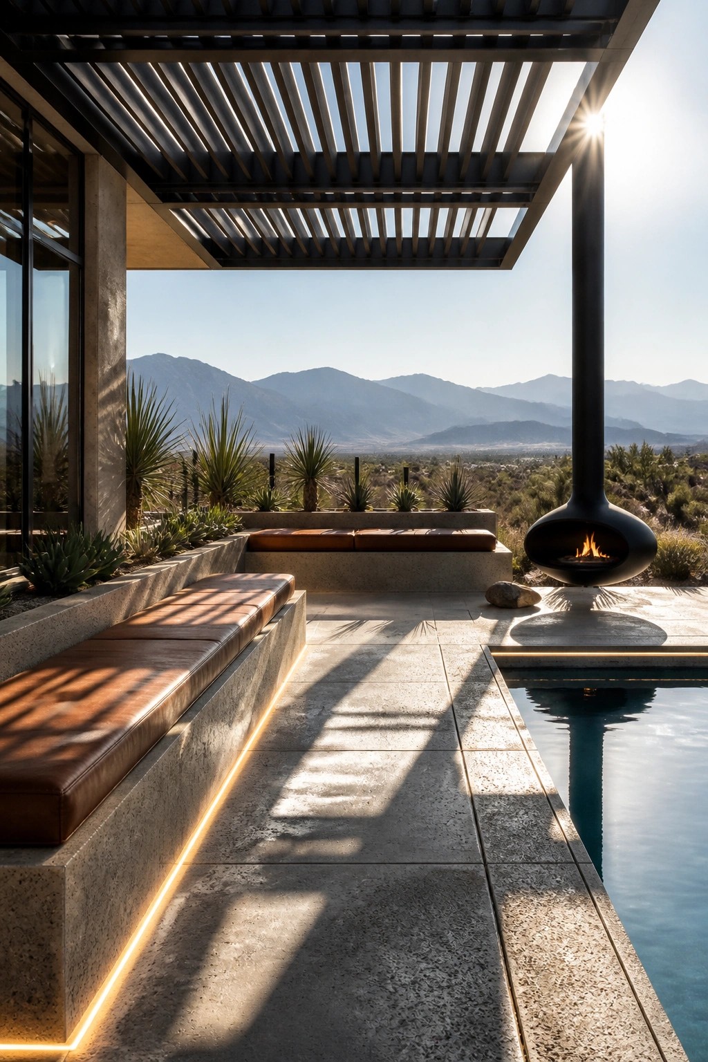 Outdoor patio with suspended black fireplace, built-in concrete benches with brown cushions, pool on the right, and mountain view under a slatted overhead structure.