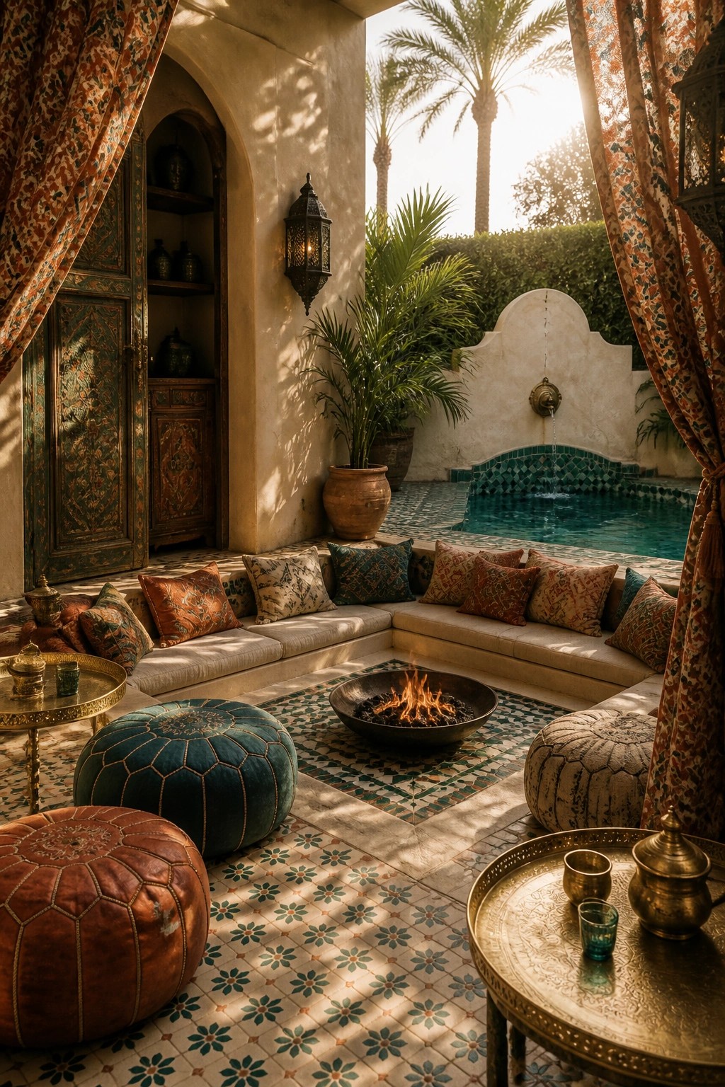 Outdoor poolside seating area with built-in benches, colorful pillows, a central fire pit, patterned curtains on both sides, tiled floor, and a small fountain in the background.