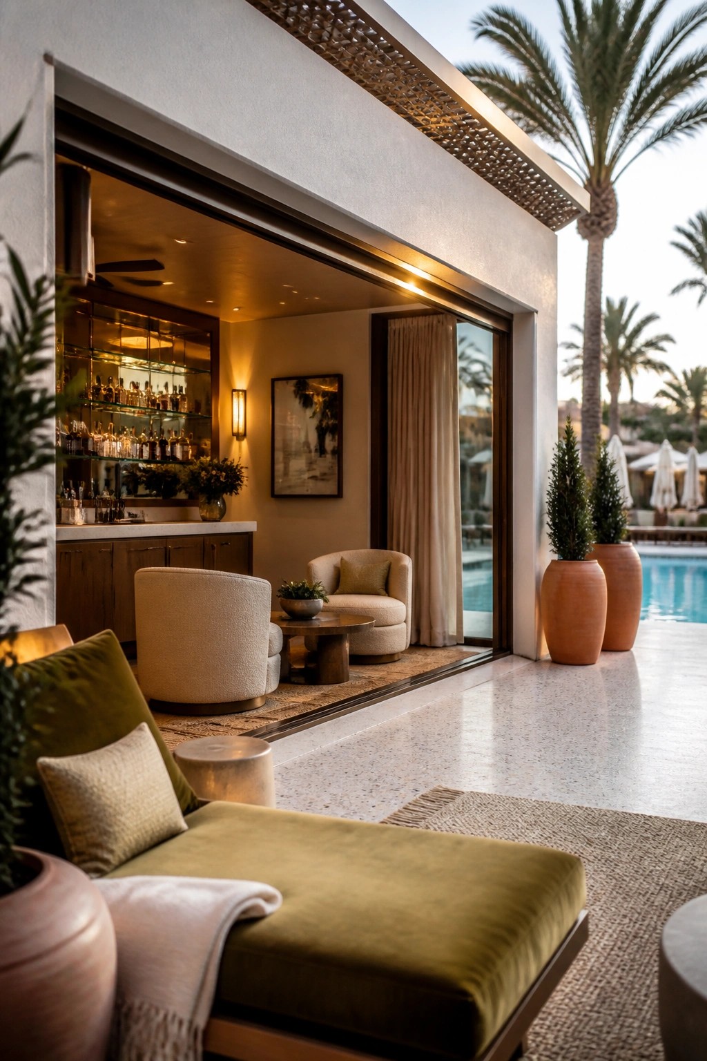 A pool cabana interior with a bar and lounge seating that opens through wide sliding doors onto a terrace with large terracotta pots and a swimming pool beyond.