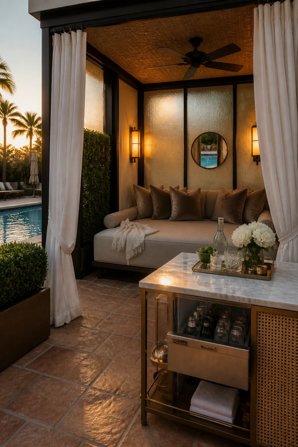 Luxurious poolside cabana with daybed, marble bar cart, curtains, and warm evening light.