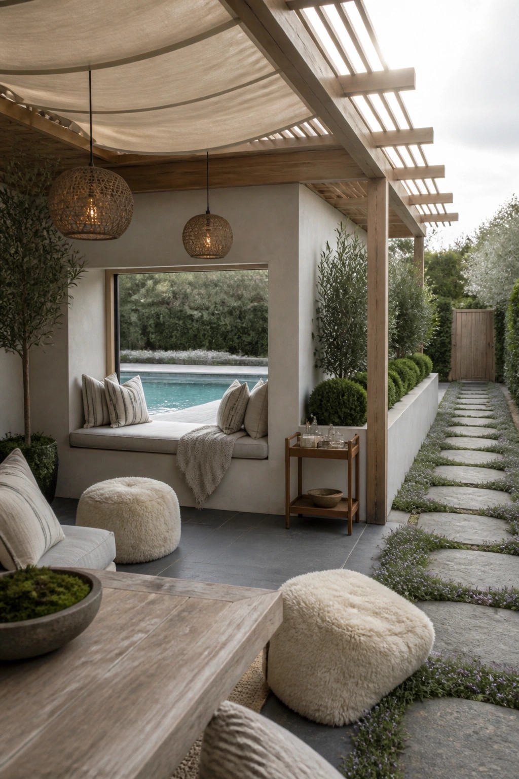 A shaded wooden pergola covers an outdoor seating area with a built-in bench overlooking a swimming pool, stone pathway, and surrounding greenery.