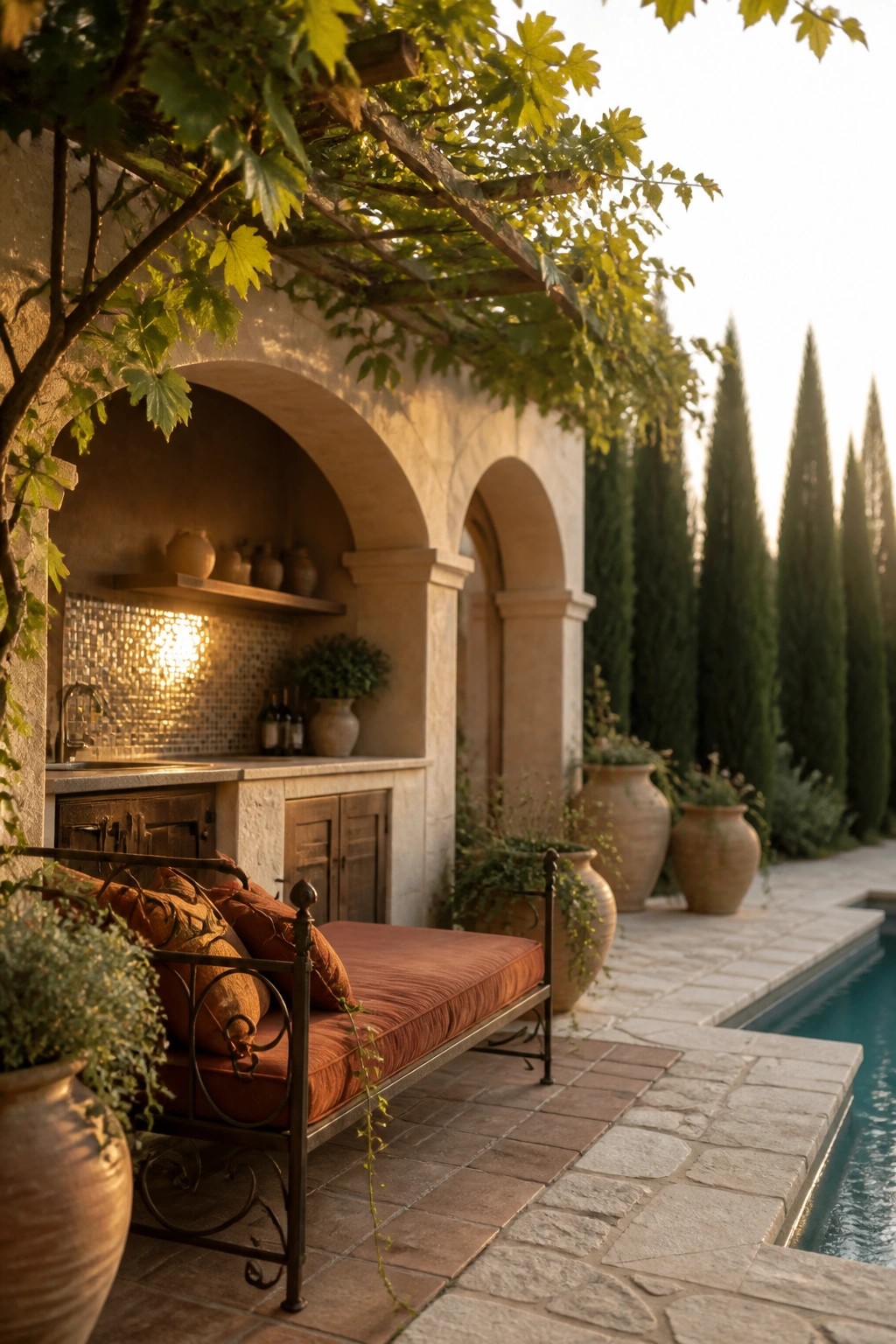 An outdoor poolside lounge with a red cushioned daybed under a wooden pergola covered in green vines, next to an arched stone kitchen alcove and a swimming pool.