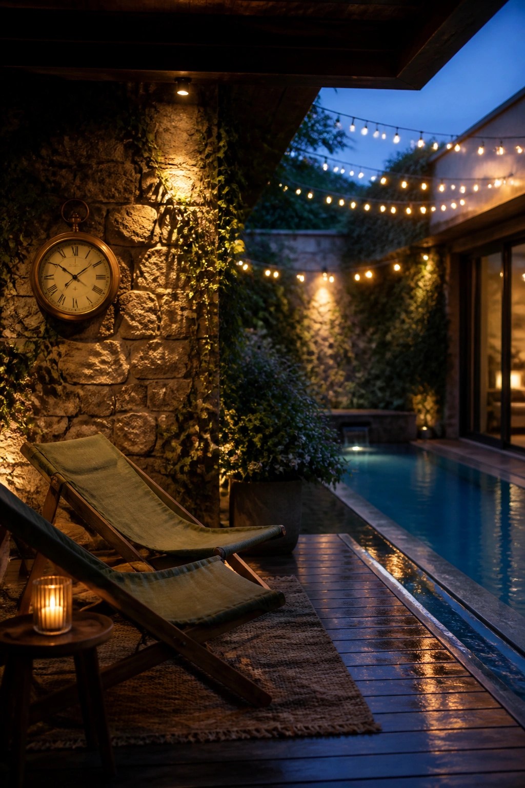 Nighttime photo of a rectangular pool with a narrow wooden deck, two lounge chairs on a rug, a stone wall with vines, and string lights overhead.