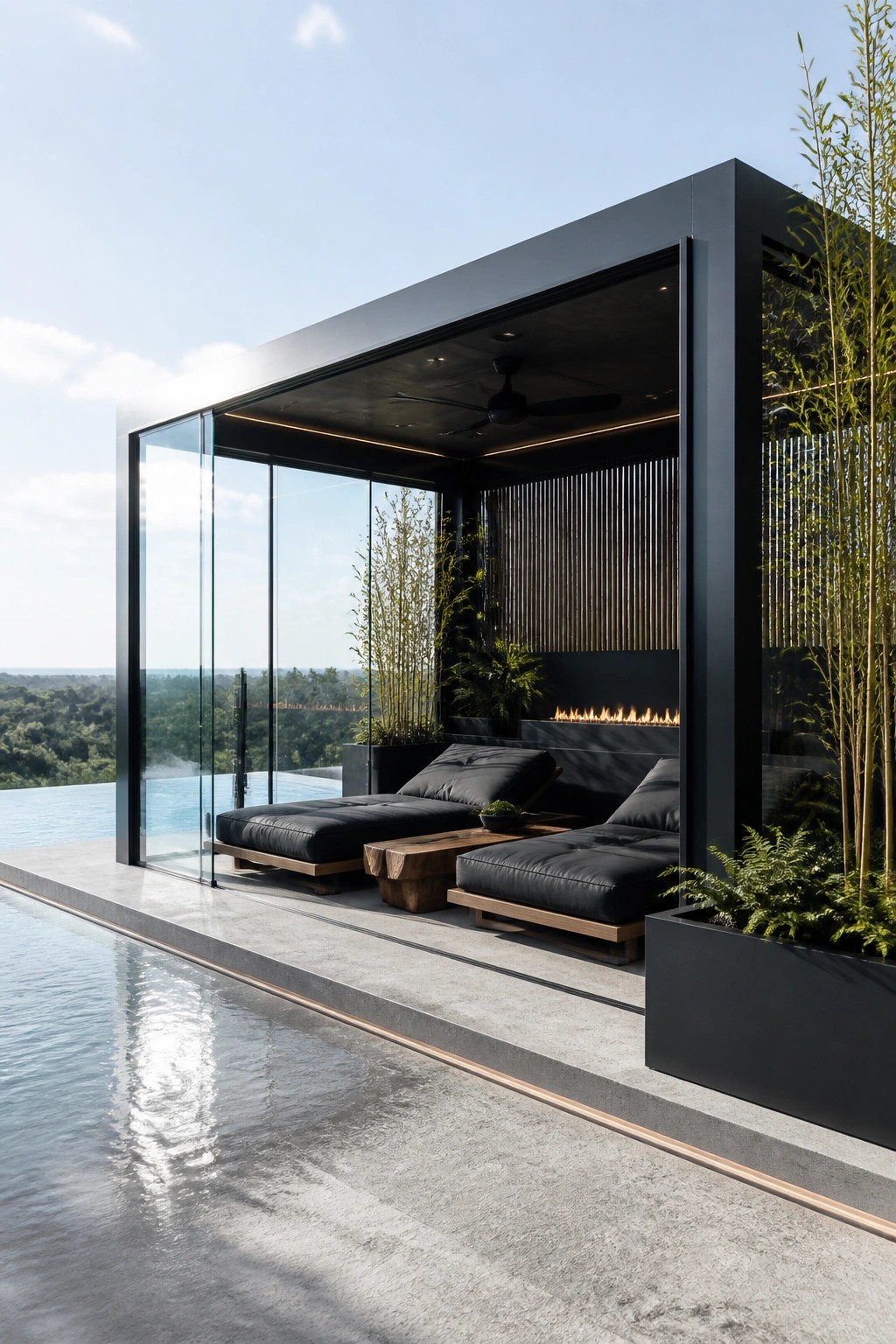 Modern black glass cabana with lounge daybeds, fireplace, and infinity pool overlooking forest