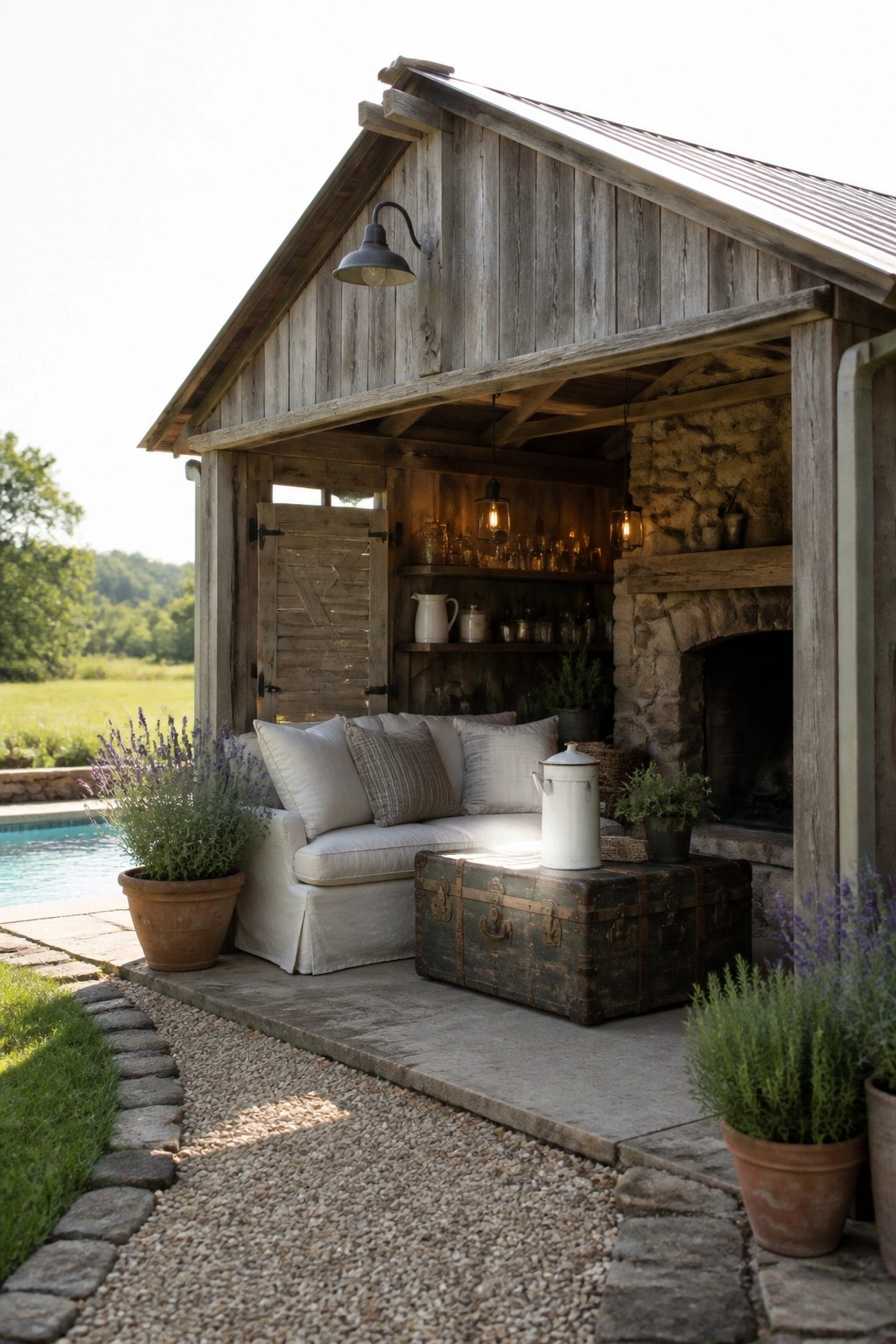 Rustic wooden shed with white sofa, trunk table, stone fireplace and lavender pots