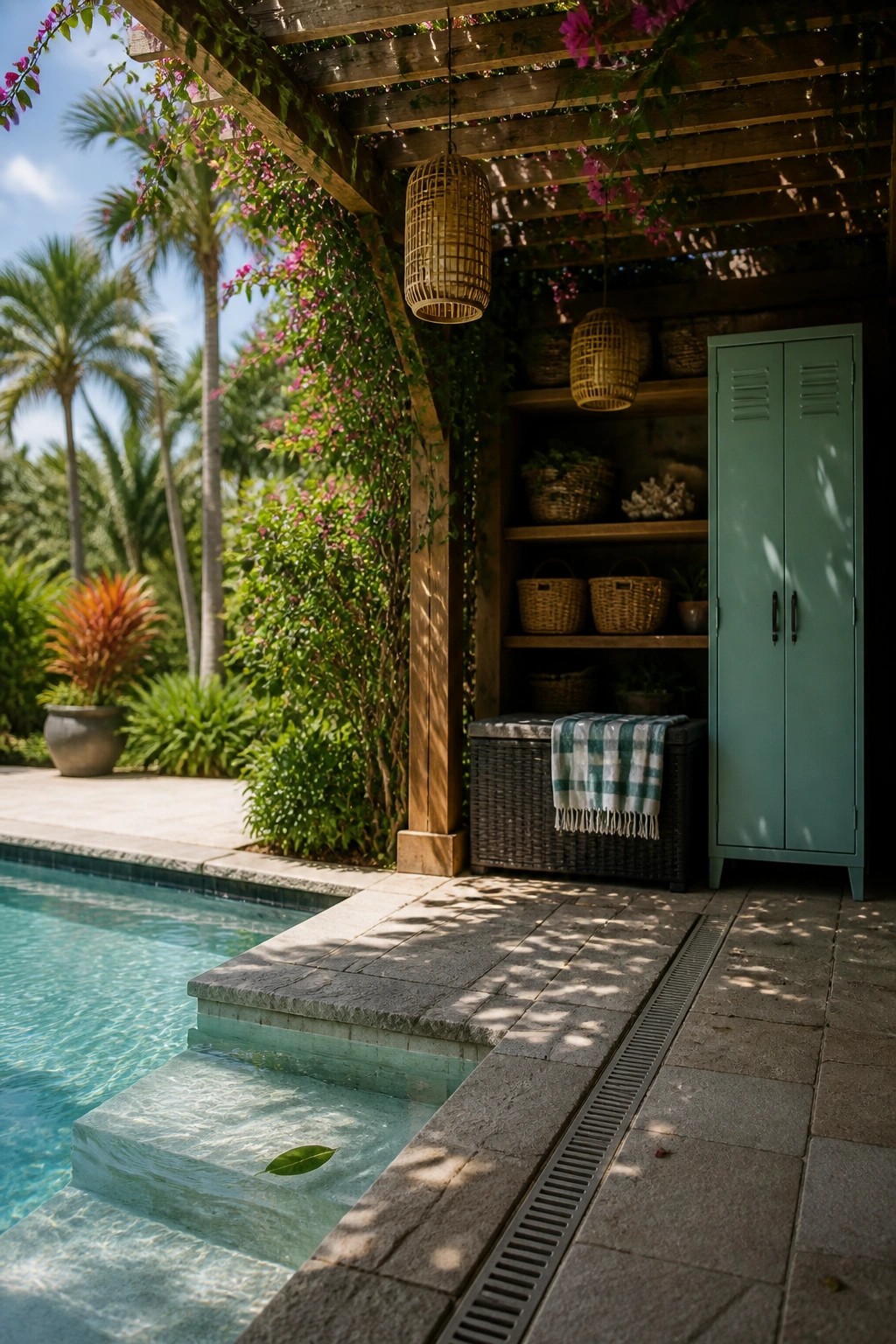 Tropical pool with stone steps, wooden pergola, hanging lanterns, green cabinet, and lush plants