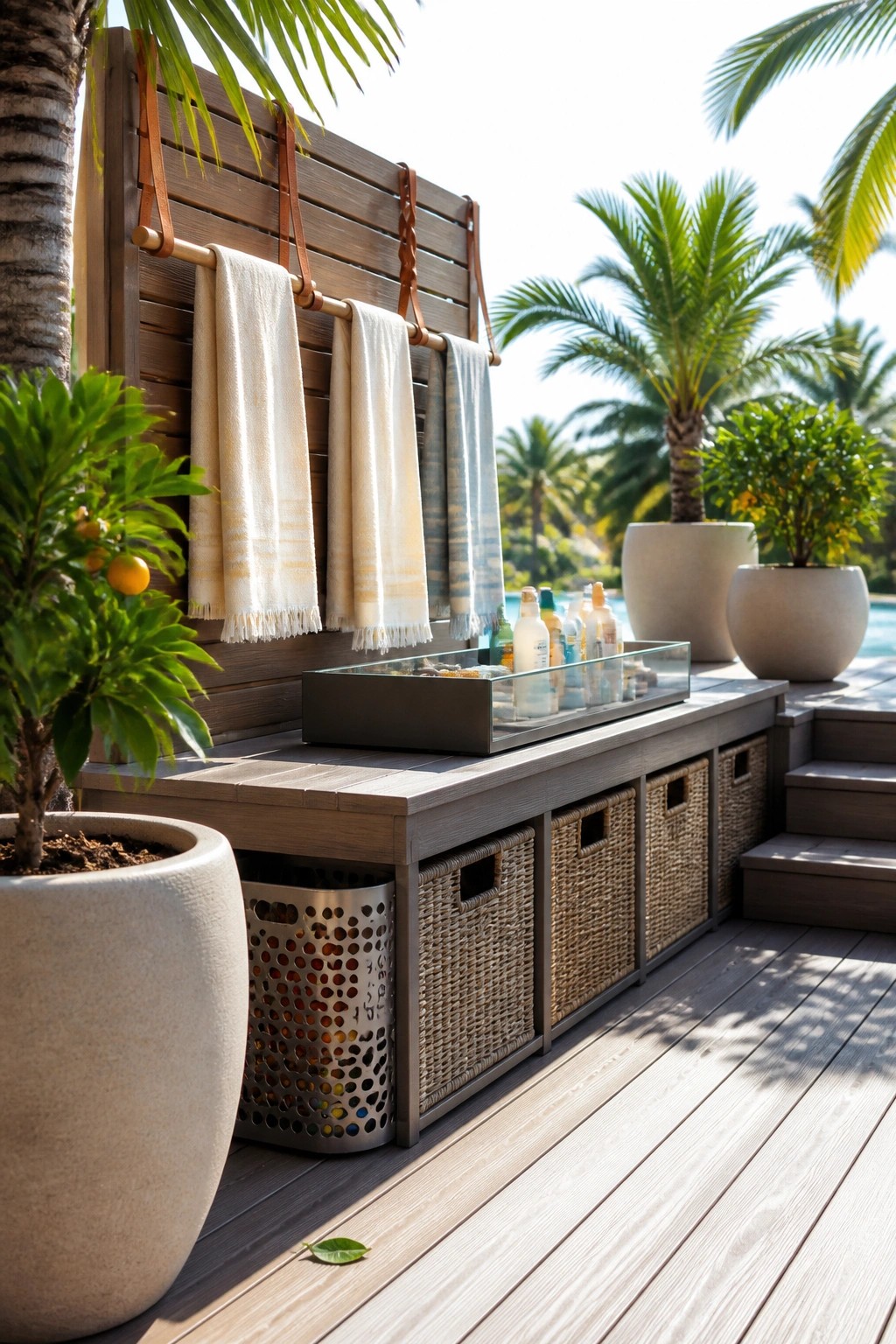 A wooden bench with woven baskets underneath sits on a pool deck beside a slatted wall holding hanging towels and a tray of bottles.