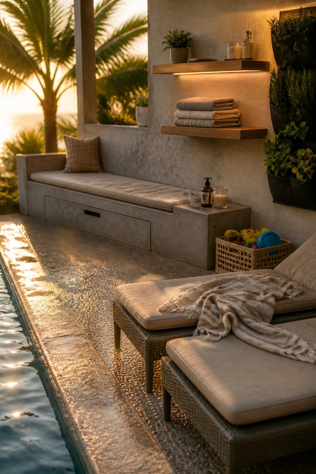 A concrete built-in bench with under-seat storage sits beside a pool, with wooden shelves holding folded towels above it and two woven lounge chairs in the foreground.