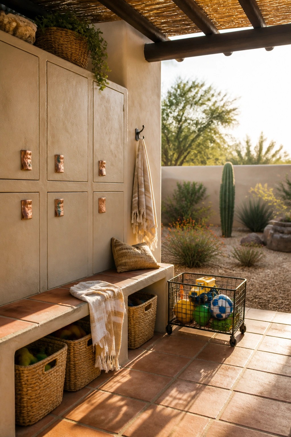 Adobe-style patio with storage cabinets, bench, baskets, hanging towel, and toy cart.