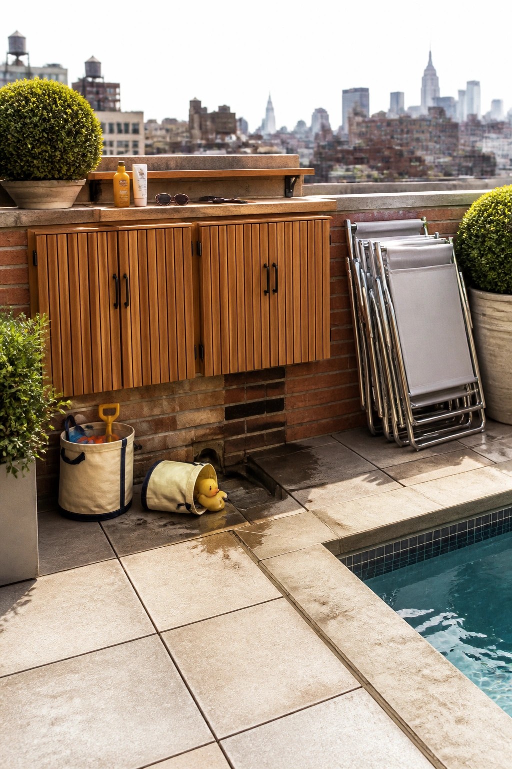 Wooden storage cabinets built into a brick wall on a tiled pool patio, with stacked lounge chairs and potted plants nearby.