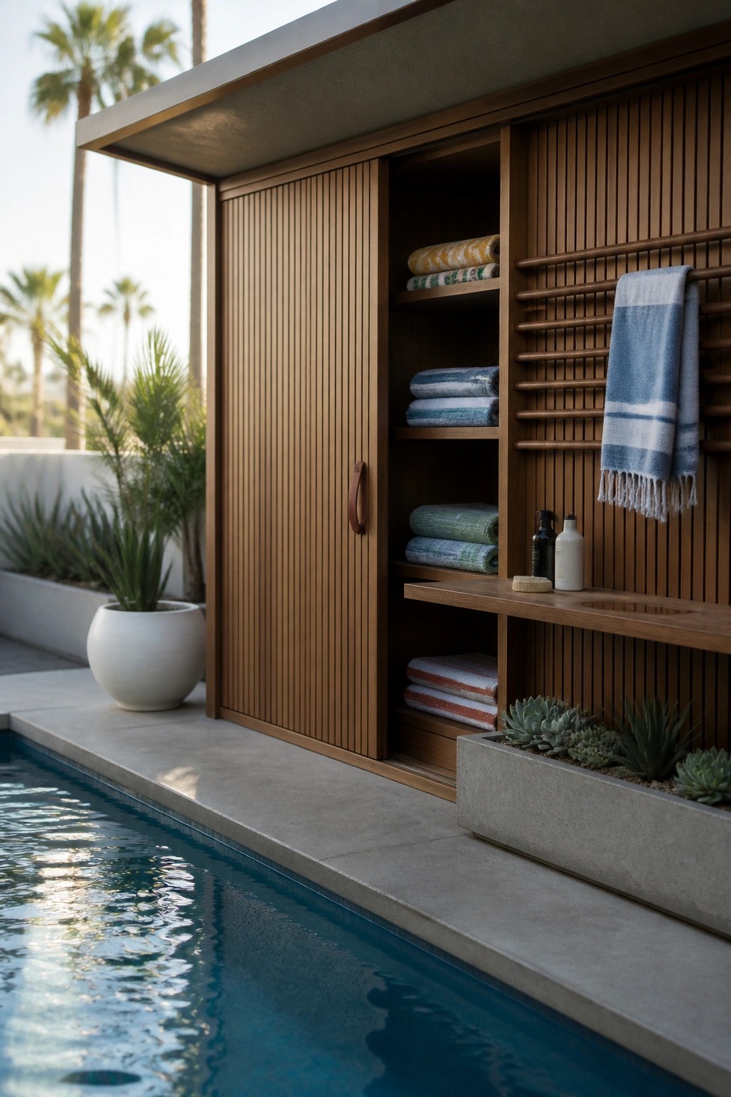 A wooden built-in storage cabinet with sliding doors and open shelves holding folded towels stands beside a swimming pool, with a striped towel on a side rack and succulents in a concrete planter.