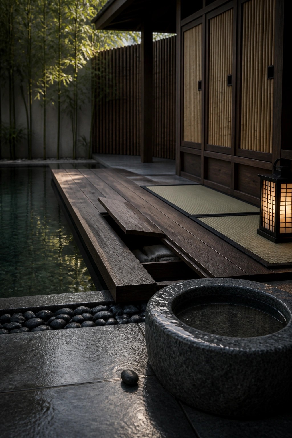 A wooden deck next to a pool has an open storage compartment holding dark cushions, with a stone basin and lantern in the foreground.