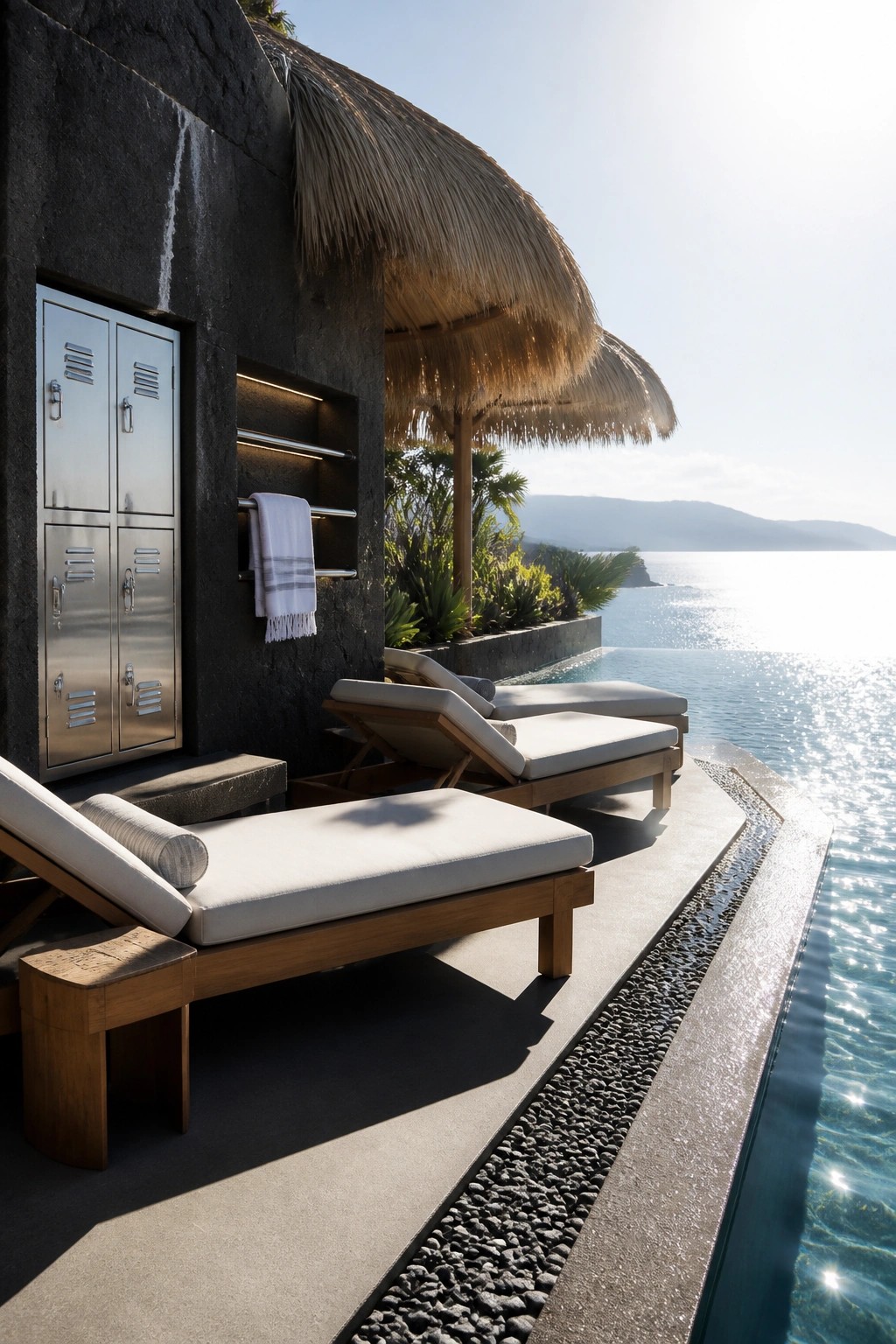 Pool patio with wooden lounge chairs, a thatched umbrella, and stainless steel lockers built into a dark wall beside an infinity pool.