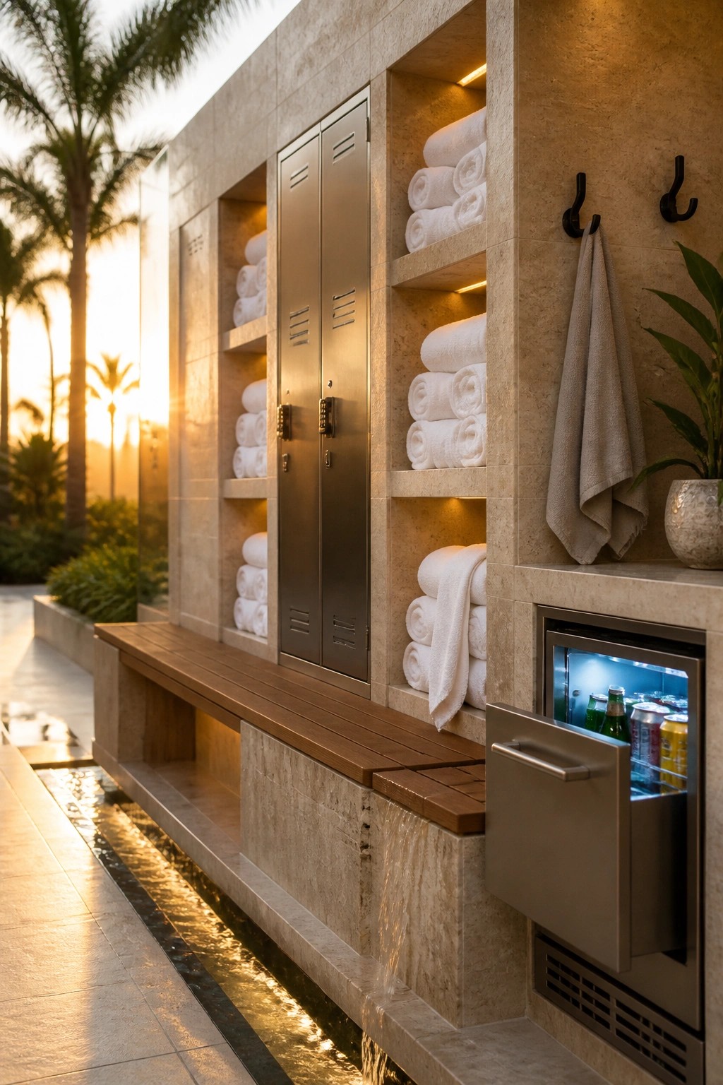 A stone wall beside a pool features built-in stainless steel lockers, open shelves holding rolled white towels, a wooden bench, a beverage refrigerator, and wall hooks.