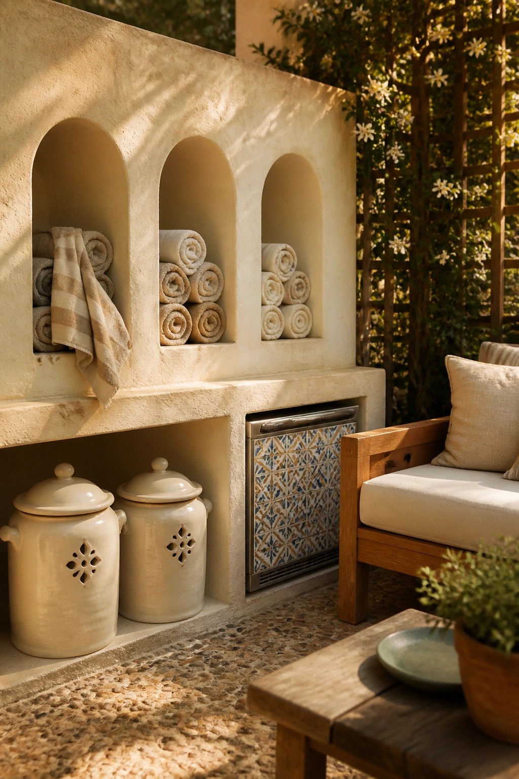 Outdoor stucco wall with three arched niches holding rolled towels beside ceramic pots and a wooden bench.