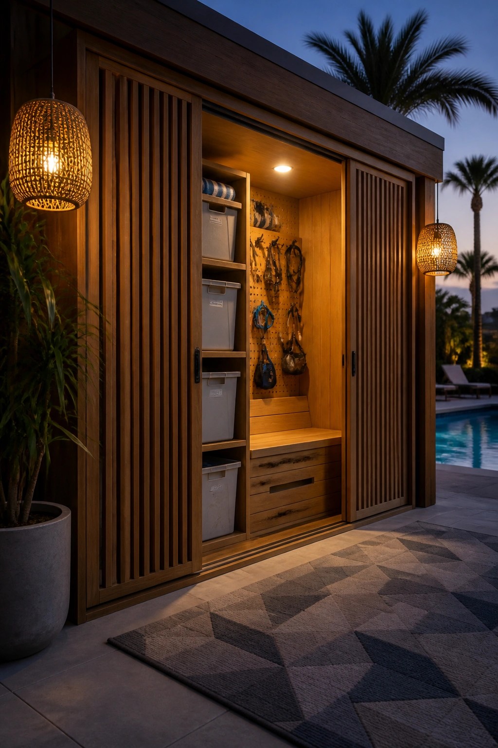 Outdoor wooden storage cabinet with sliding doors open, showing shelves with bins, a pegboard with hanging items, and a bench seat, next to a swimming pool at dusk.