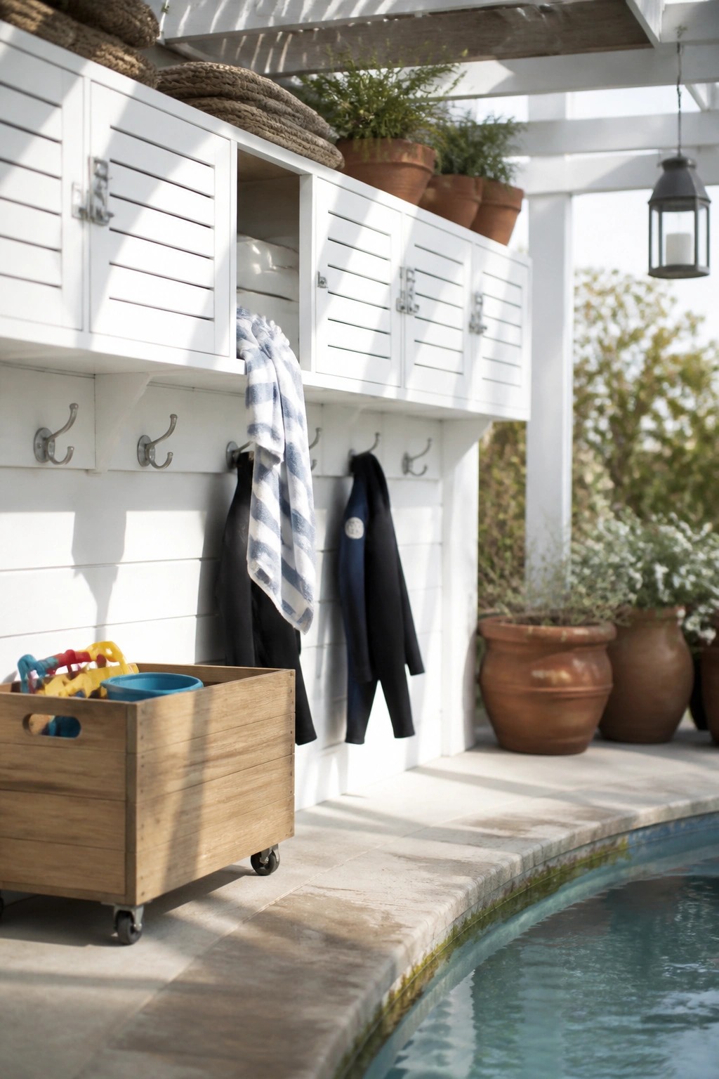 White louvered cabinets with hooks below holding towels and wetsuits, next to a wooden rolling crate filled with toys along a pool edge.