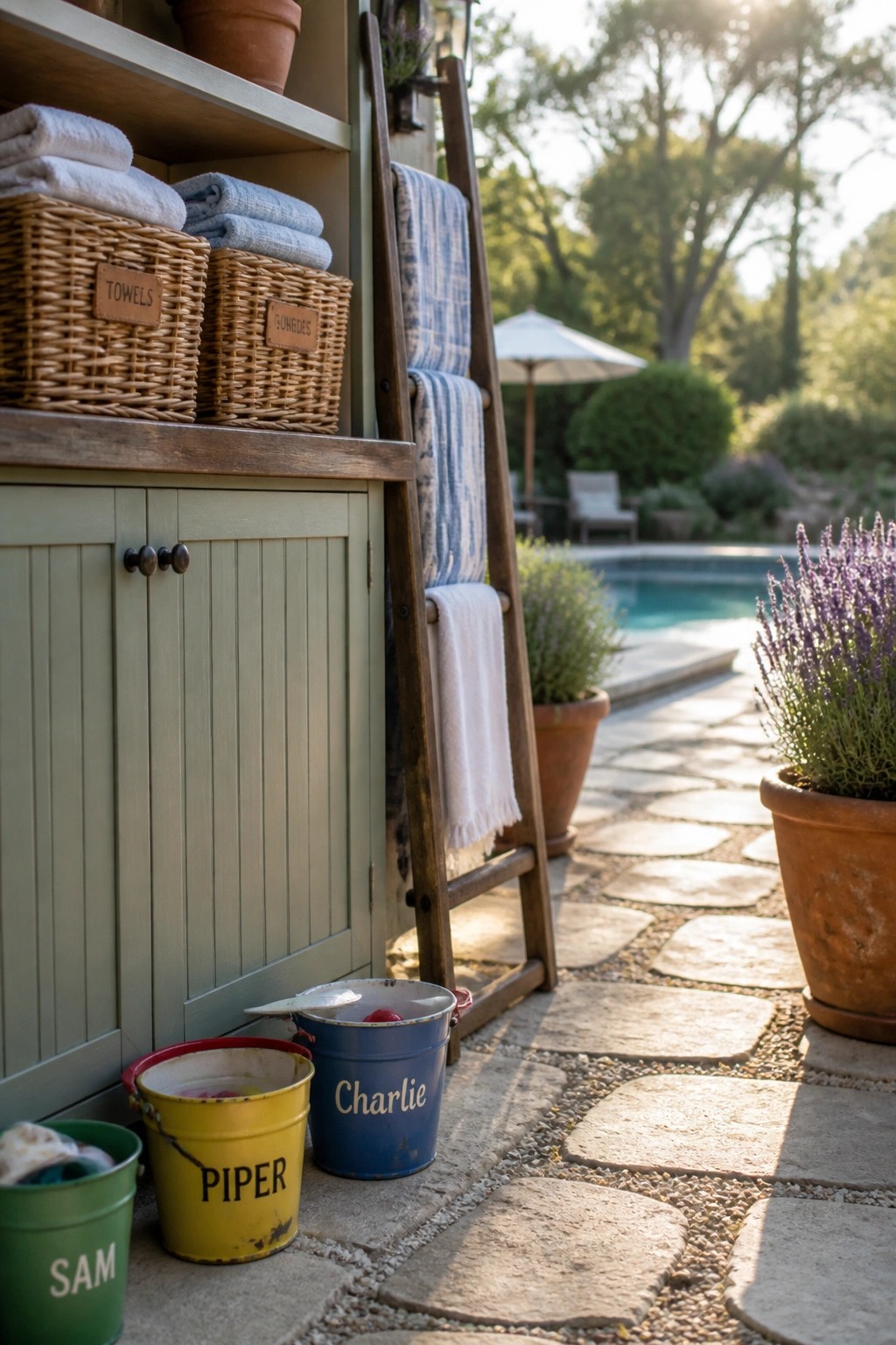 A sage green outdoor cabinet with wicker baskets on top sits beside a wooden ladder holding towels, with three colorful metal buckets on the stone patio near a pool.