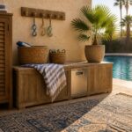 Wooden poolside bench with baskets, towel, hooks, and potted palm by pool