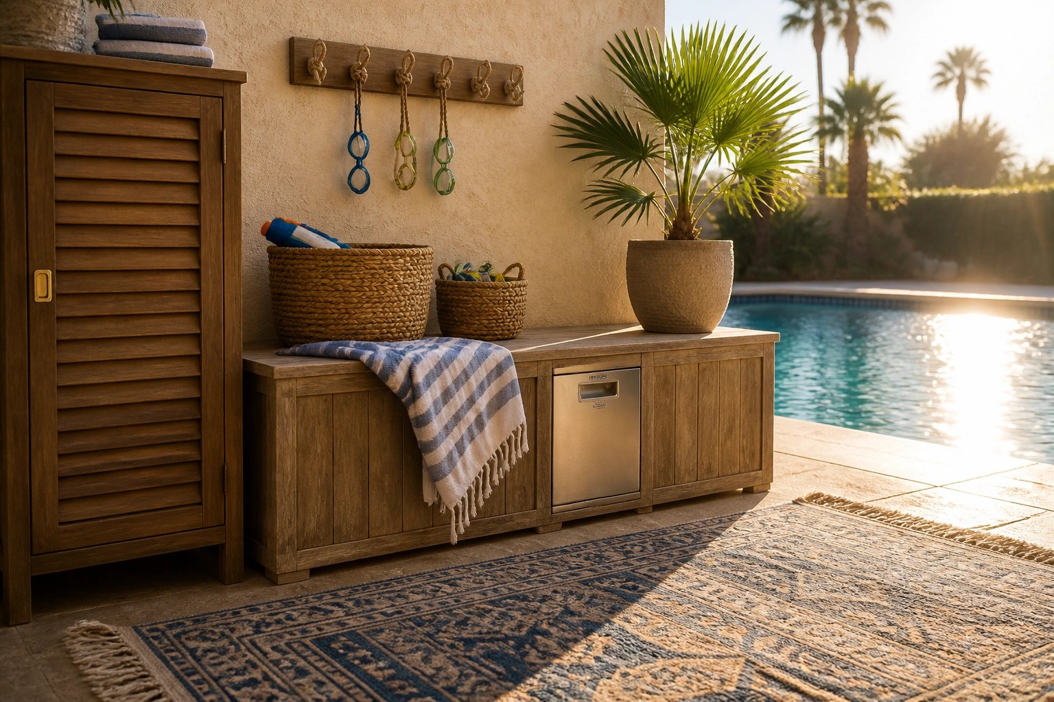 Wooden poolside bench with baskets, towel, hooks, and potted palm by pool