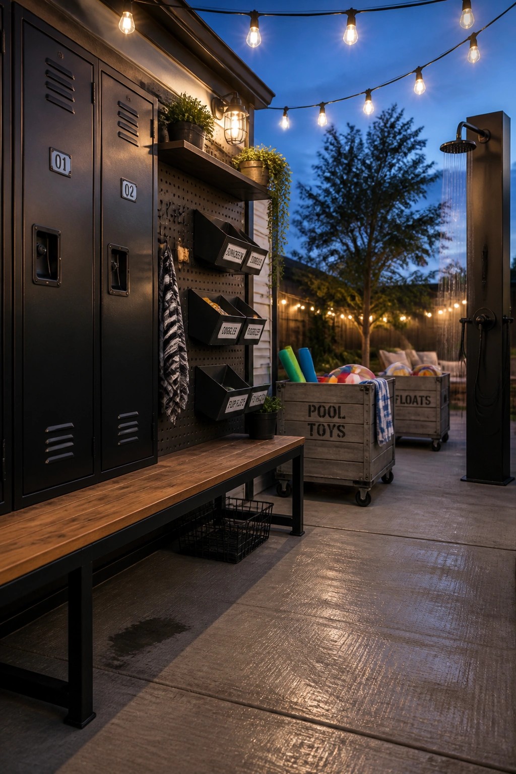 An outdoor pool patio with black metal lockers, a wooden bench, pegboard storage bins, wooden crates labeled for pool toys and floats, and an outdoor shower.