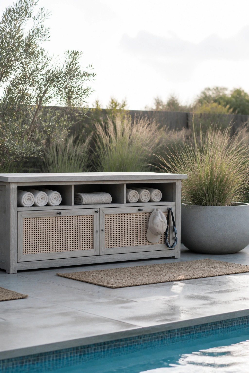 A light gray outdoor storage cabinet with cane doors sits beside a pool, with rolled towels on the open upper shelves.