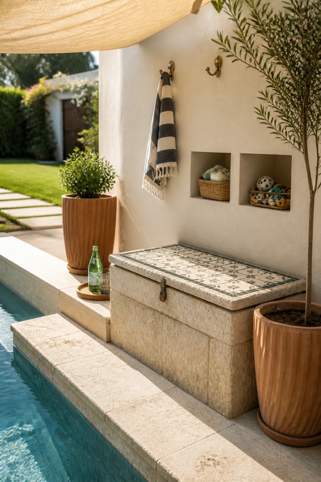 A large stone storage bench with a tiled top sits next to a swimming pool, with built-in wall niches holding baskets and a striped towel hanging on a hook.