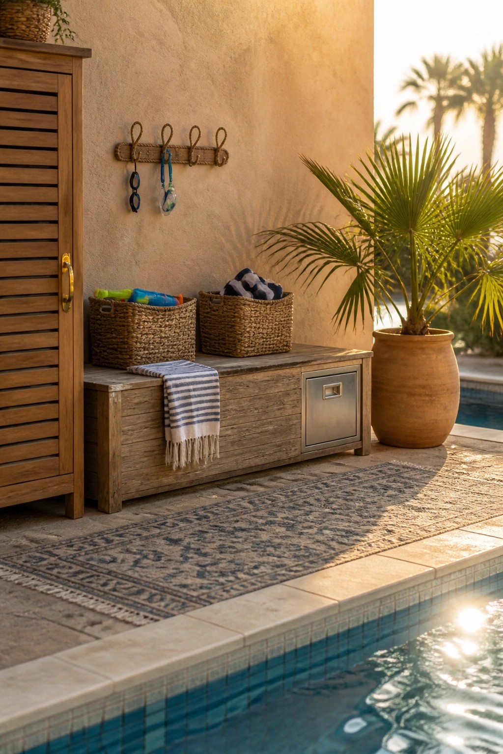 Wooden poolside bench with baskets, towel, hooks, and potted palm by pool