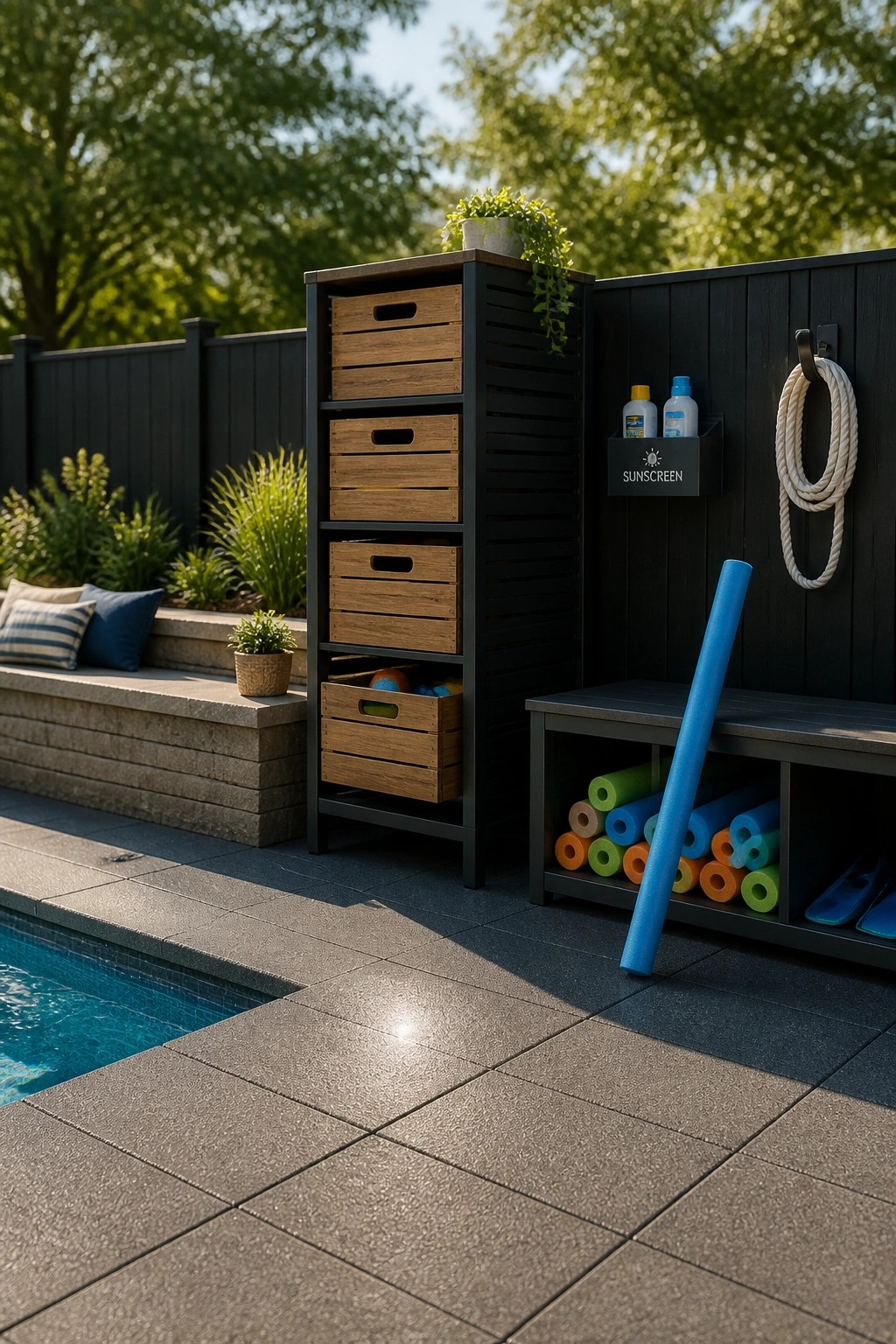 Outdoor pool patio with a tall black and wood storage cabinet holding crates, a bench with cubbies for pool noodles, and hooks on a dark fence.