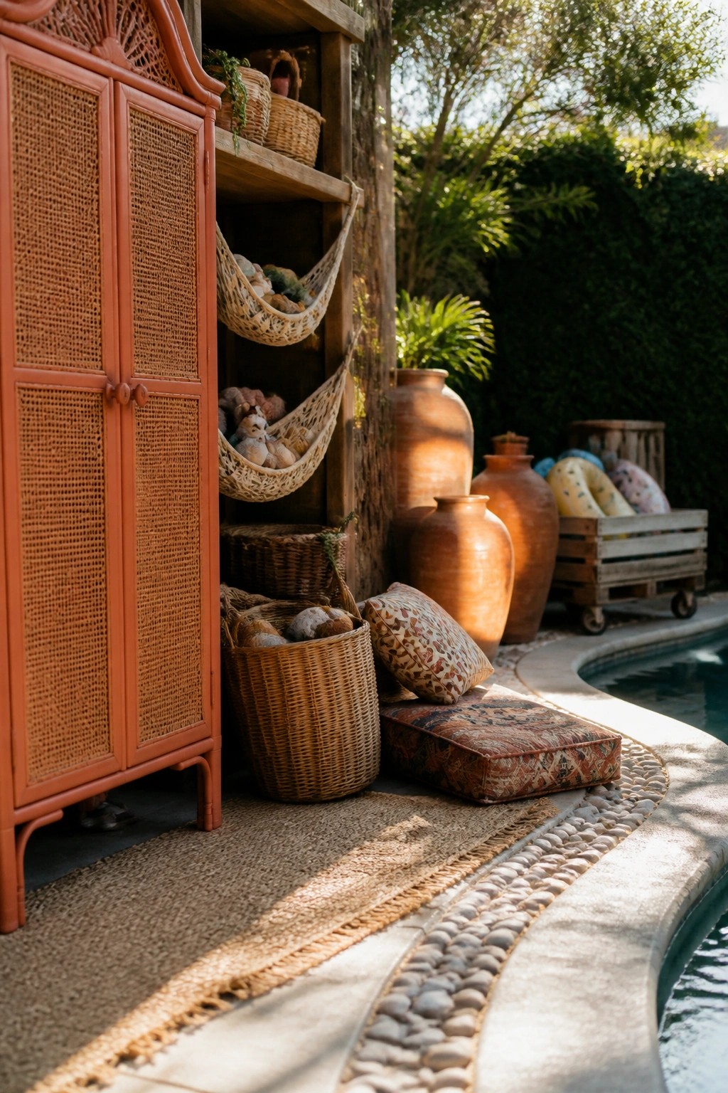 A reddish-orange wooden cabinet with woven cane doors sits on a pool patio next to baskets, pillows, and large clay pots.