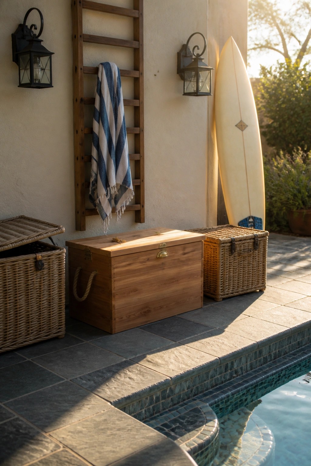 A wooden storage chest sits on a stone pool deck between two wicker baskets, with a striped towel on a wooden ladder and a surfboard leaning against the wall.