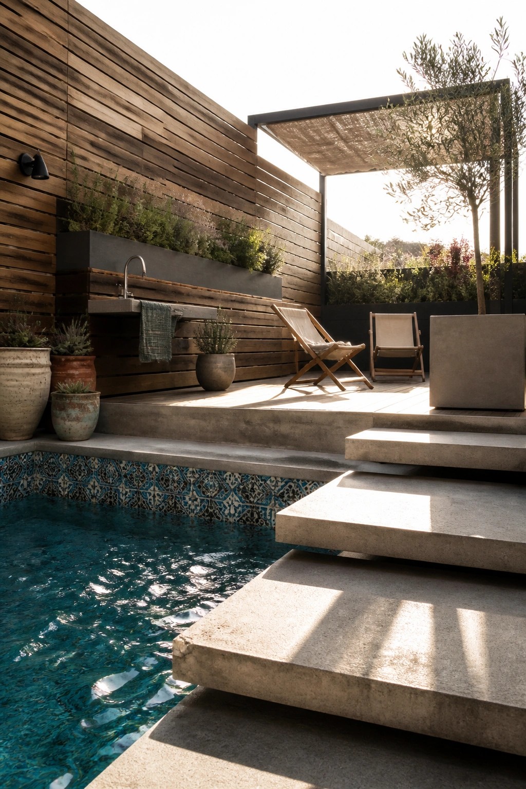 Modern poolside with blue water, concrete steps, wooden deck, and lounge chairs.