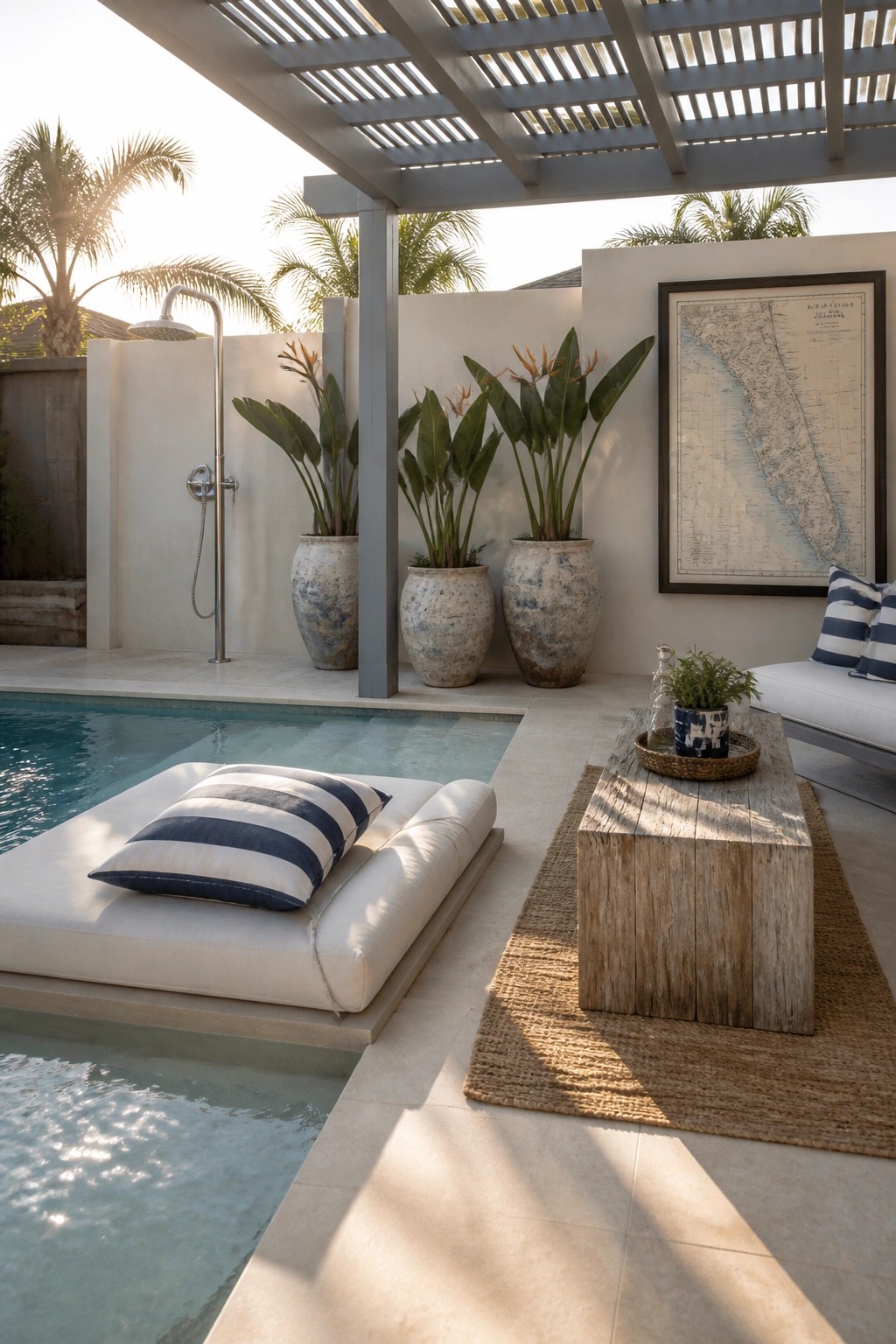 A small pool patio features a white daybed with a striped pillow positioned at the water's edge, a wooden coffee table on a jute rug, large potted plants, and an overhead pergola.
