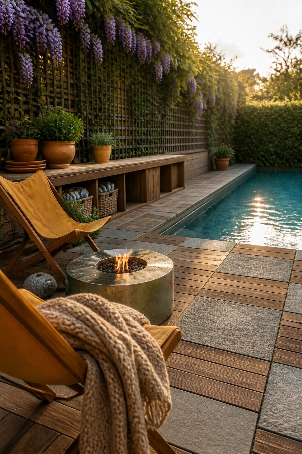 Patio with fire pit, lounge chairs, blanket, pool, and blooming purple wisteria at sunset.