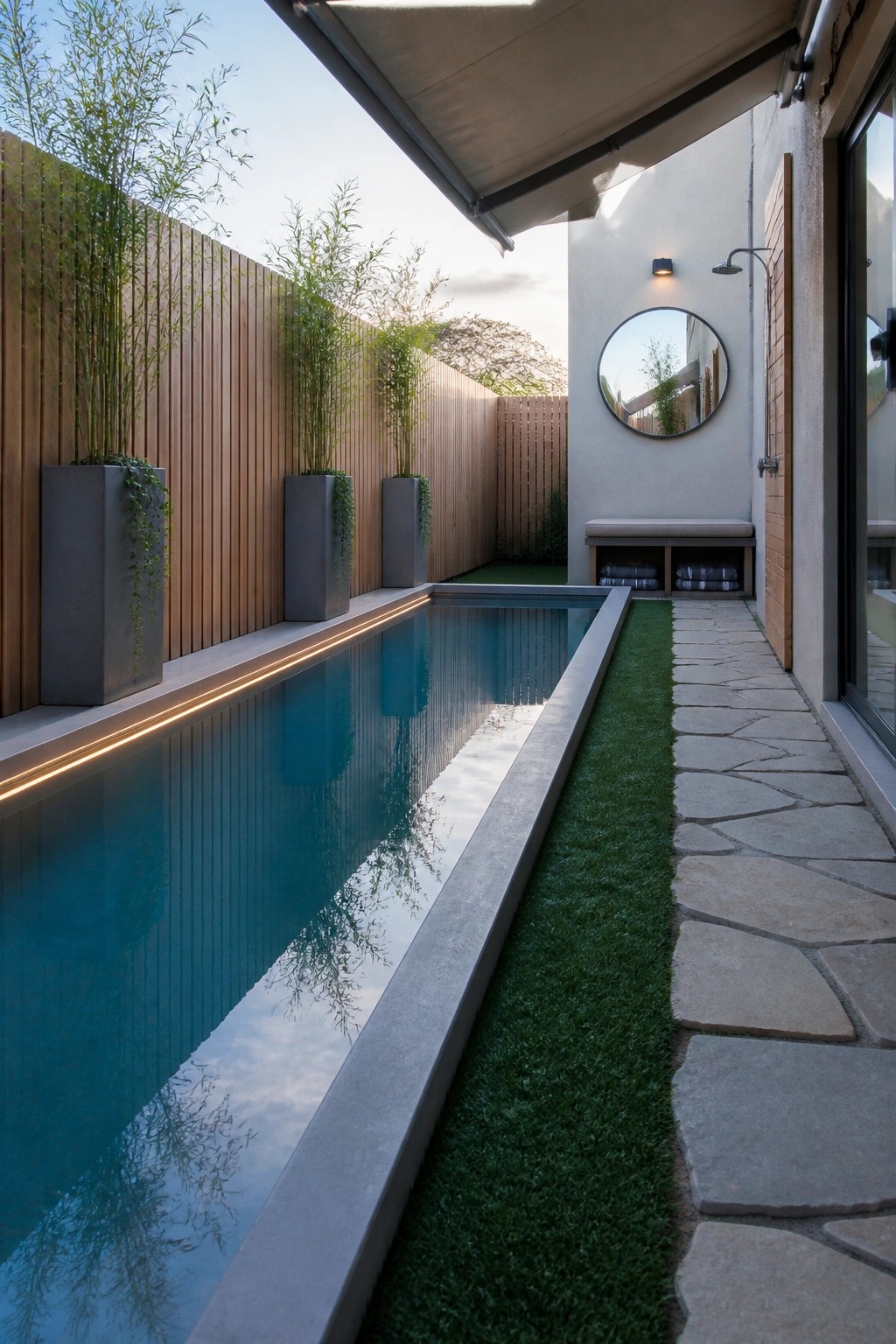 A narrow rectangular pool with a strip of green turf and stone paver path running parallel to it in a compact backyard.
