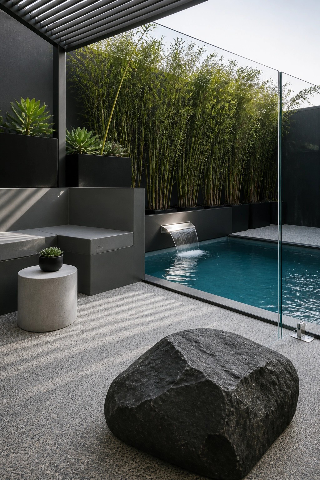 A compact modern pool patio with built-in gray concrete seating, a small waterfall spilling into the pool, bamboo screening, and a large dark rock on the textured floor.