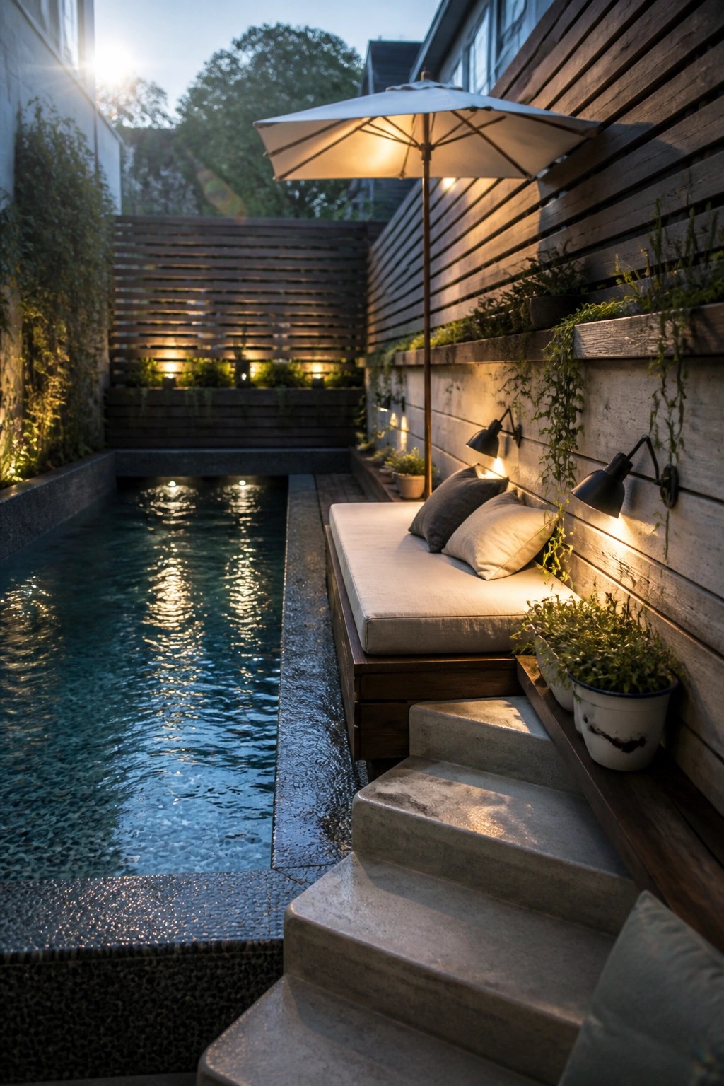 A narrow backyard pool with built-in cushioned seating, concrete steps, and wall-mounted lights beside a wooden fence.