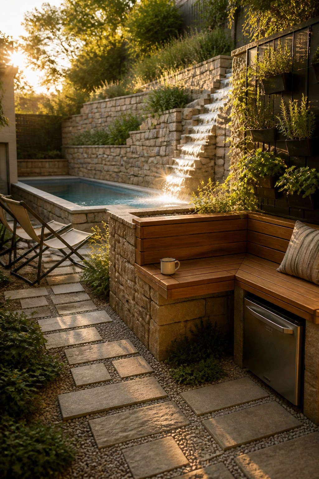 A compact backyard pool with a cascading water feature, stone paver patio, and L-shaped built-in wooden bench with an integrated stainless steel appliance.