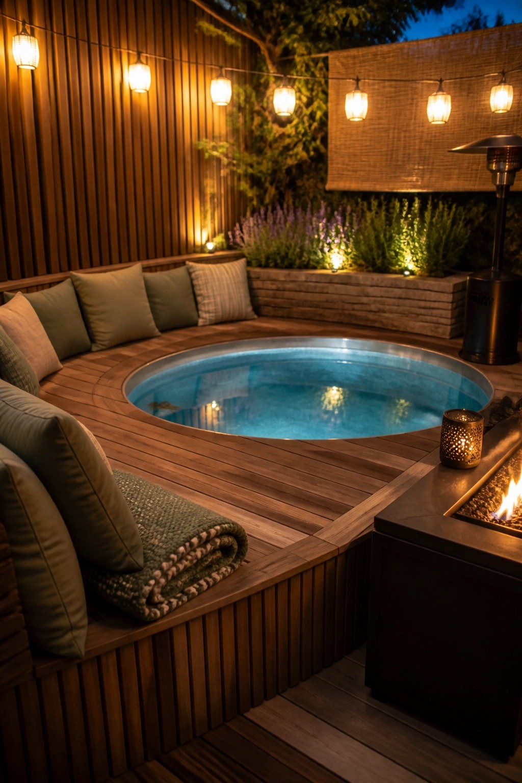 A small round pool set into a wooden deck with built-in cushioned seating, string lights overhead, and a fire pit nearby at dusk.