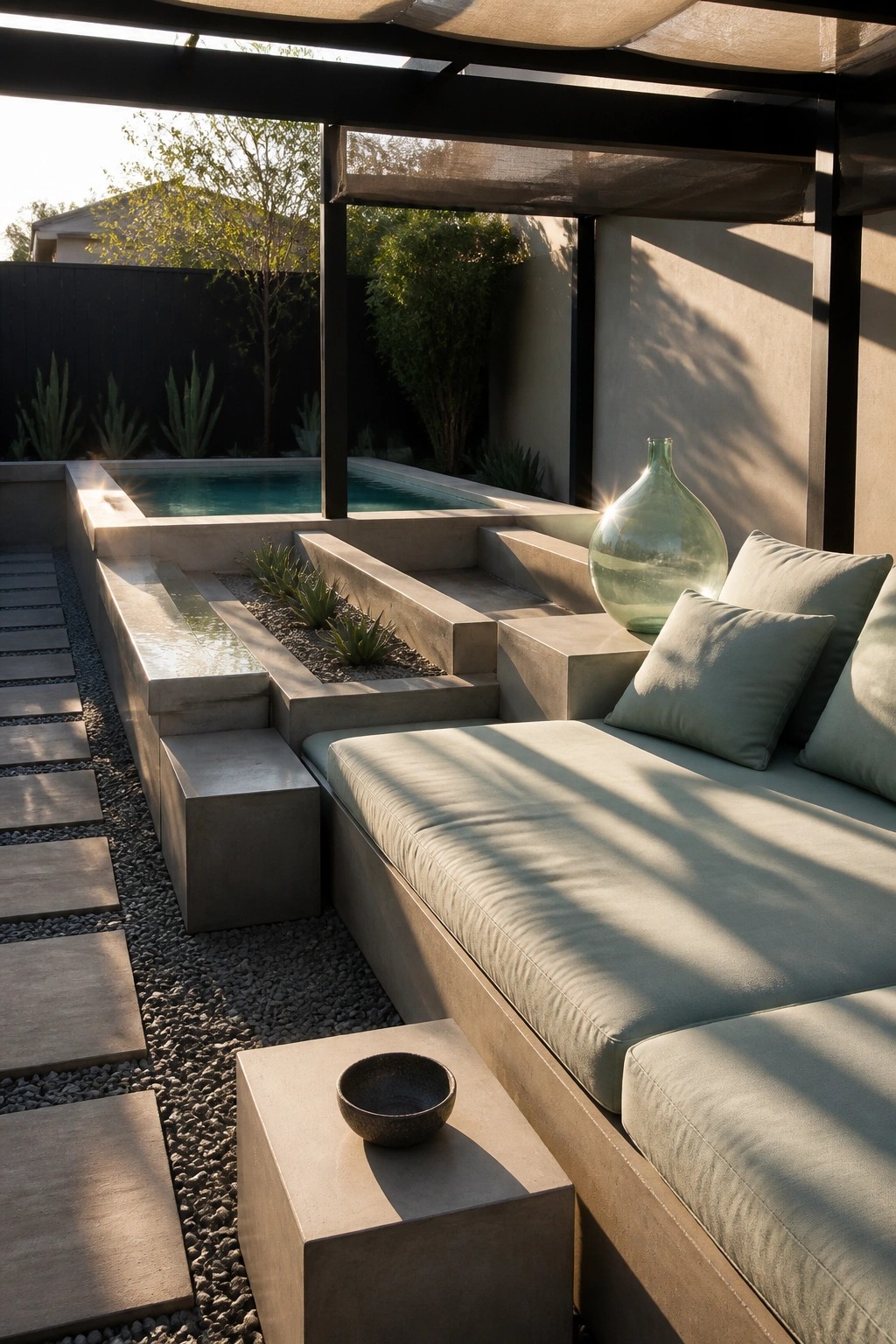 A small modern pool patio with built-in concrete benches topped with light green cushions, a glass vase on one seat, and gravel paving along one side.