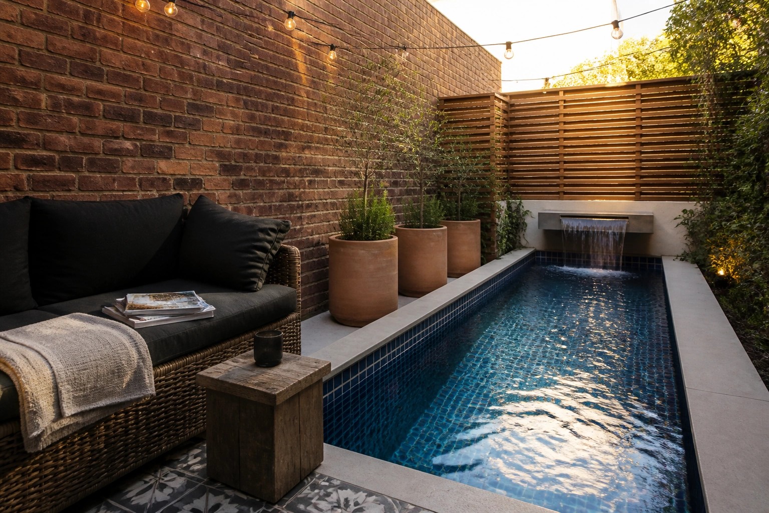 A narrow rectangular pool with blue mosaic tiles sits beside a long cushioned bench against a brick wall, with potted plants on the left side.