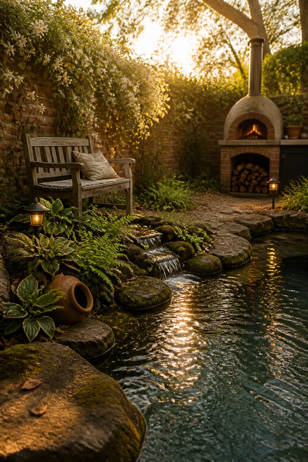 A compact backyard pond with a small waterfall, moss-covered stepping stones, a wooden bench, and a brick pizza oven along a garden path.