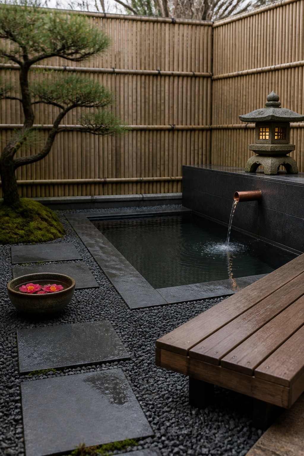 A small rectangular pool with water flowing from a copper spout on a dark tiled wall, set in gravel with stone pavers, a wooden bench, and a stone lantern inside a bamboo fence enclosure.