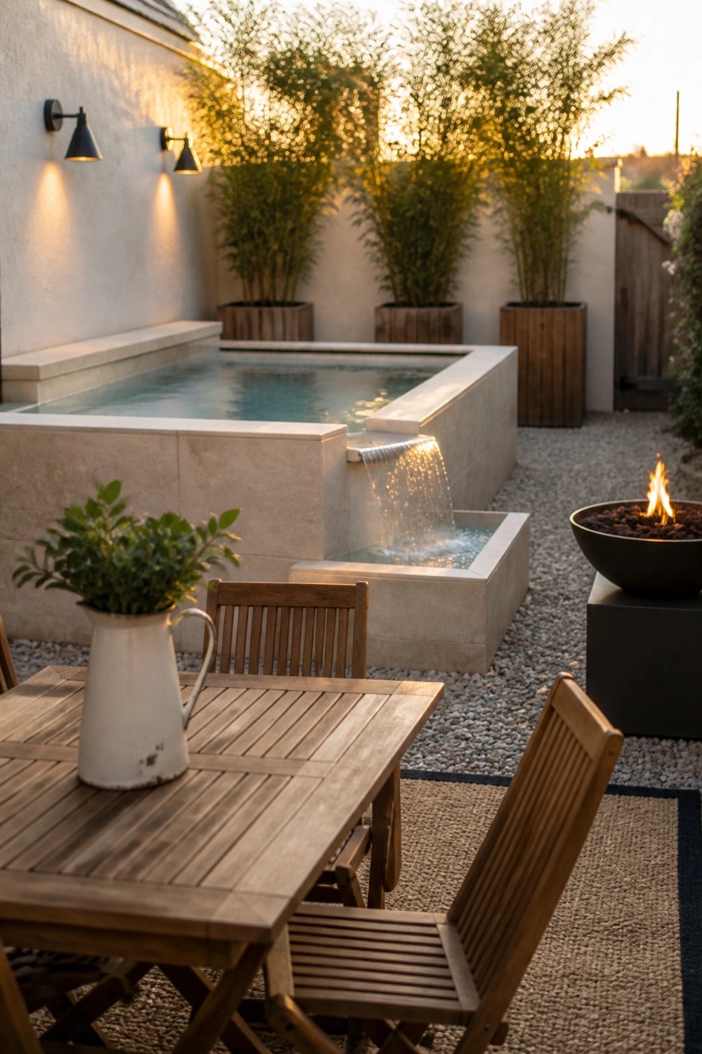 A small rectangular pool with a waterfall edge sits in a gravel courtyard next to a wooden dining table, chairs, and a fire pit.