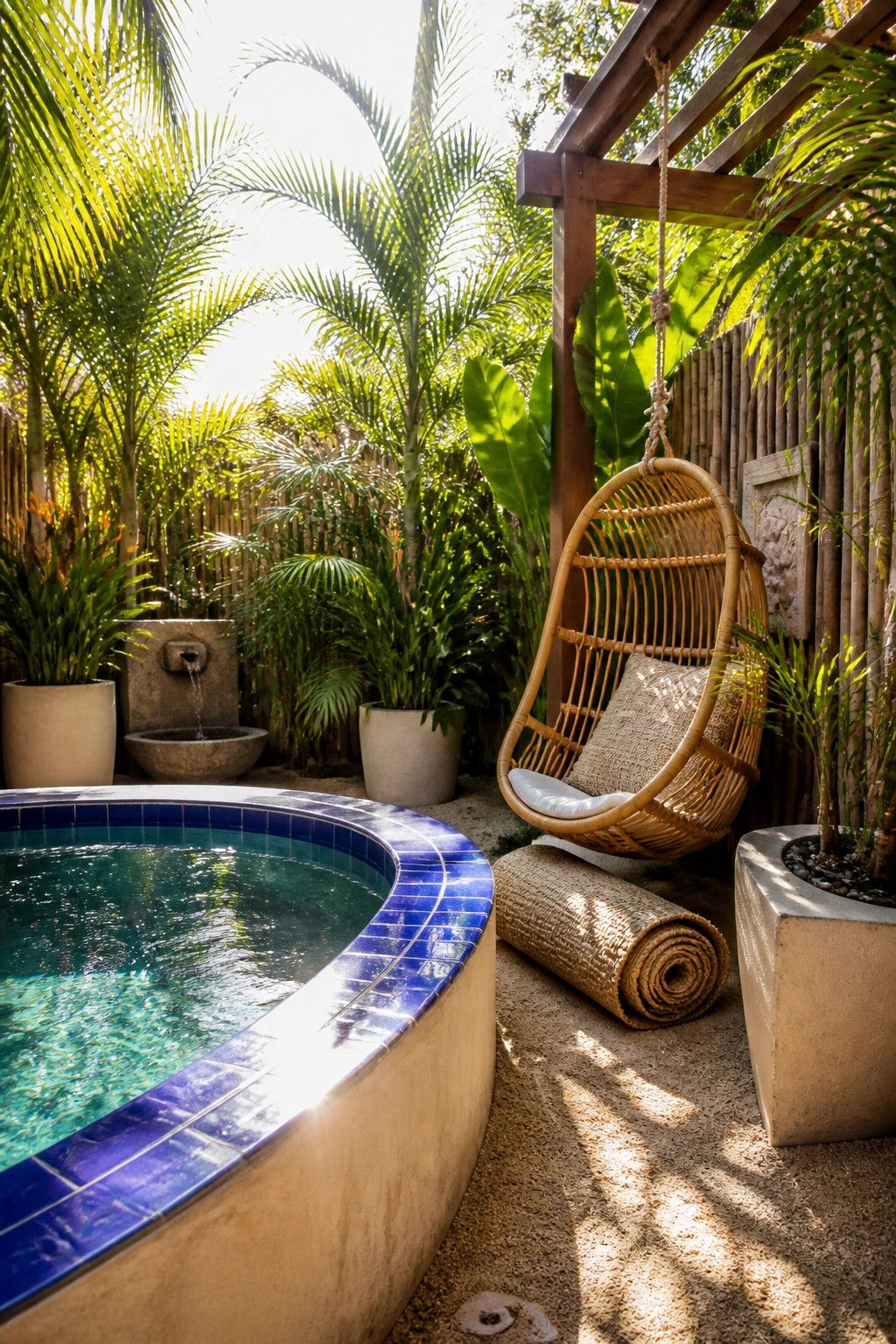 A small round pool with blue tile sits beside a hanging wicker chair on a sandy patio with potted plants and a wooden structure overhead.