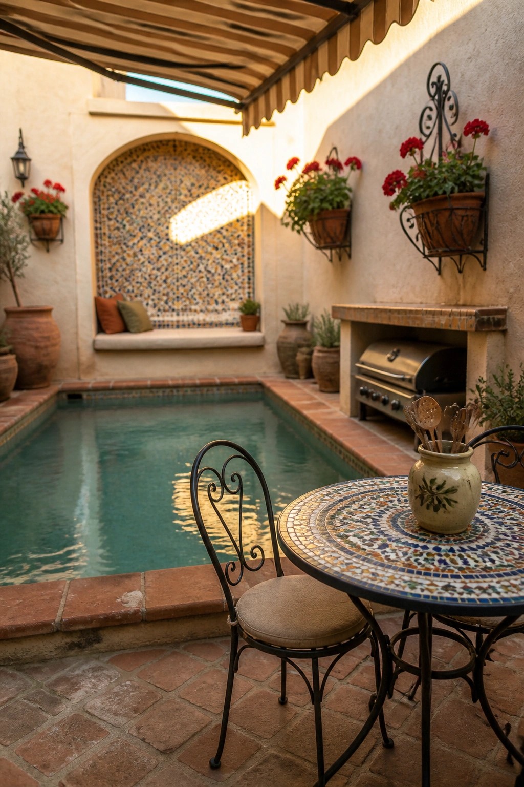 A small rectangular pool patio with a round mosaic-tiled table and two metal chairs positioned at the pool edge, a built-in grill on the right wall, and an arched mosaic niche in the background.