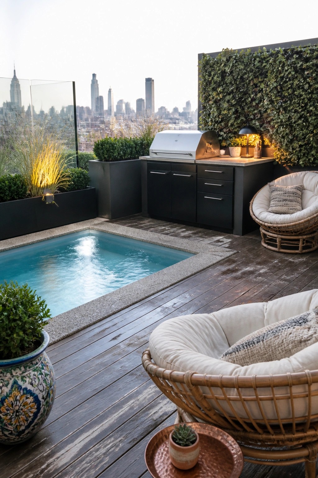 Rooftop plunge pool with wooden deck, outdoor kitchen, rattan chairs, and city skyline view.