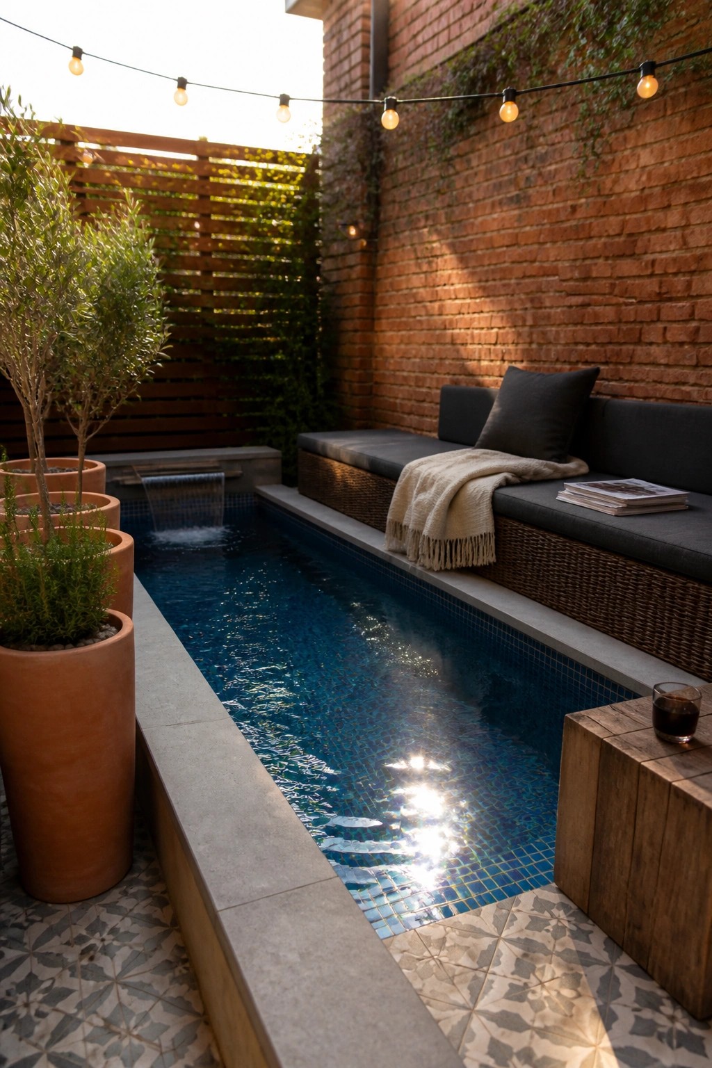A narrow rectangular pool with blue mosaic tiles sits beside a long cushioned bench against a brick wall, with potted plants on the left side.