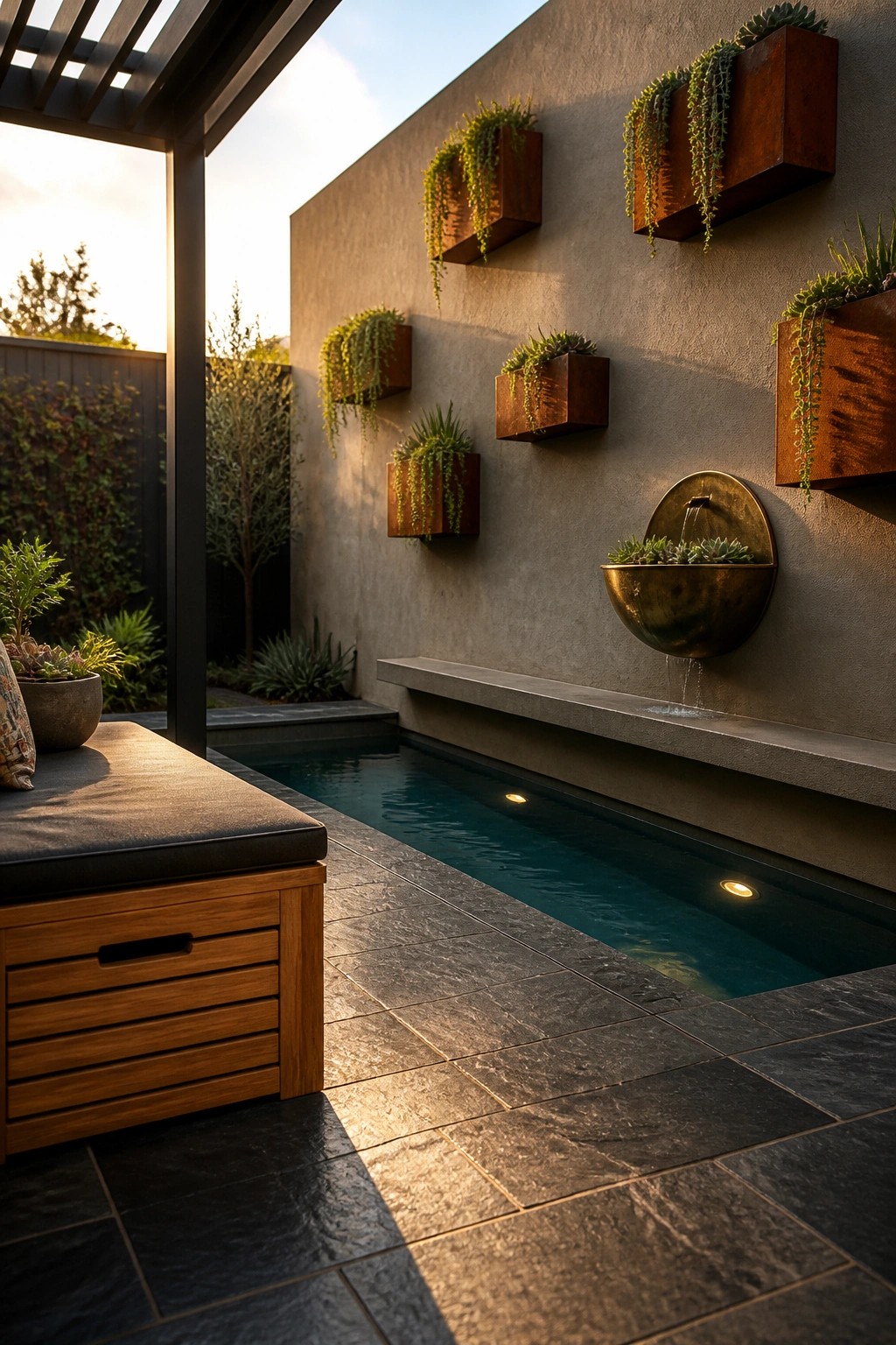 A narrow rectangular pool beside a wooden bench on the left and a concrete wall with rusted planters and a round fountain on the right.